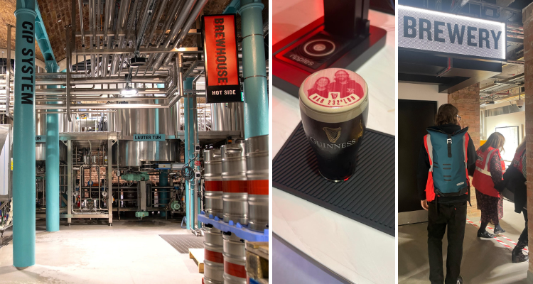 A collage of the working factory, including walking through the brewery, next to a shot of the bespoke Guinness topper.