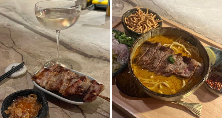 The Moo Ping starter, featuring pork skewers, and khao-so-i with wagyu.