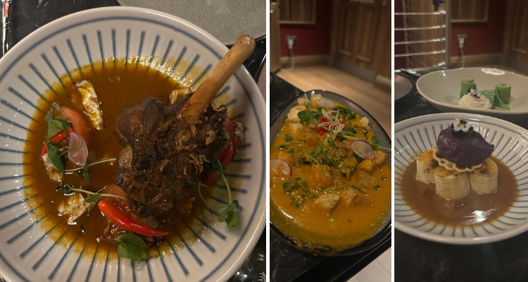 A collage of three dishes: the huge chunk of lamb, mustard-coloured curries and a duo of delicate puds.