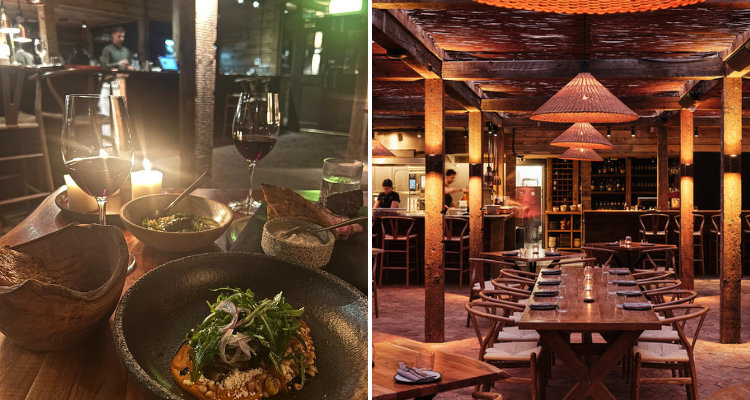 A collage of Pyro Borough: dark wood furnishings next to a picture of my orange-toned main and two glasses of red wine. 