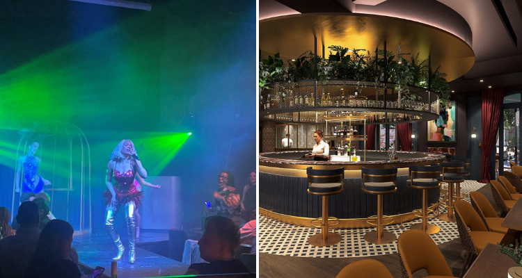 A collage of The Royal Bell's dancers in sparkling outfits next to a photo of the circular bar area with mustard and navy colours.