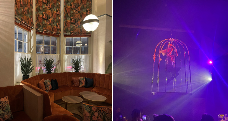 A collage of The Royal Bell's cosy members bar space next to a shot of jaw-dropping burlesque in a birdcage.
