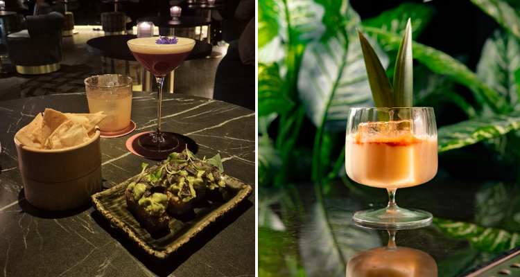 A collage of Viajante87's food and drink on a stone table, including biscuit-coloured cocktails and tortilla chips.