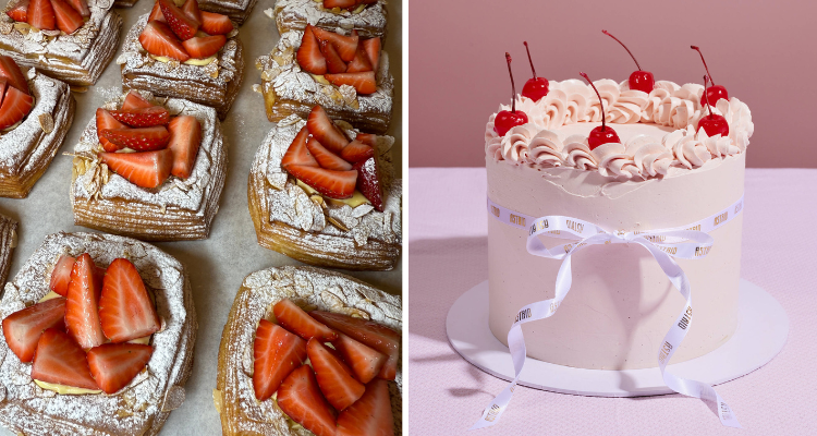 Strawberry pastries and a pink cake. 