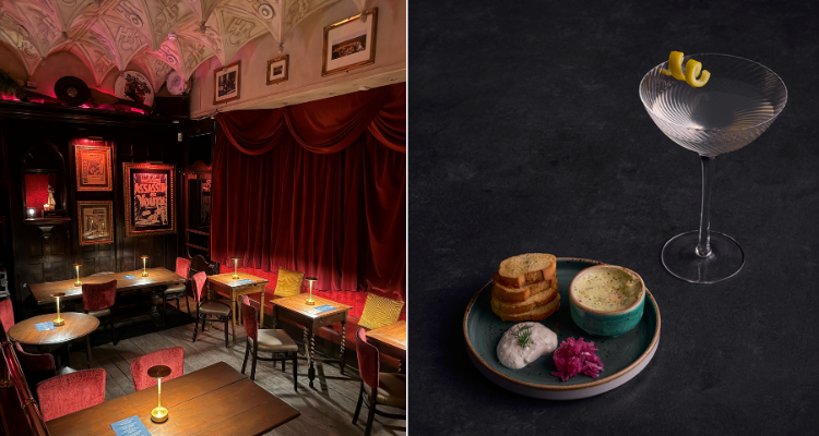 A split image of a bar's interior and a cocktail with small bites.