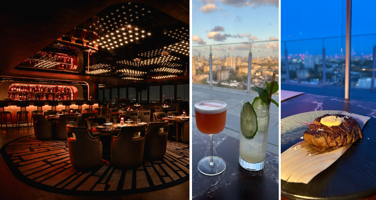 A collage of CÉ LA VI Paddington's pink cocktails and beef wagu infront of the London skyline, plus scarlet-coloured interiors.