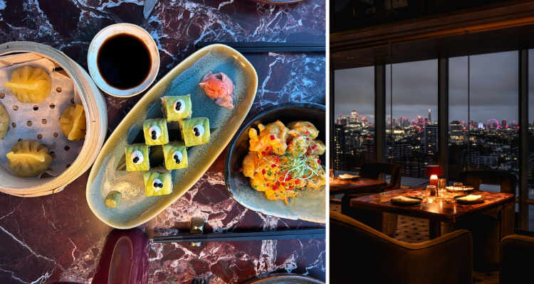 A photo of CE LA VI London's sushi, amber-coloured seafood starter next to a shot of the London skyline.
