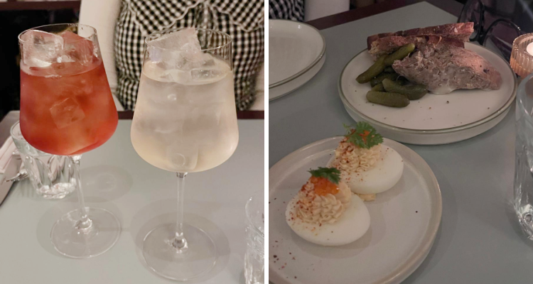 Two spritzes, devilled eggs and roe, and pork rillette with toast and cornichons.