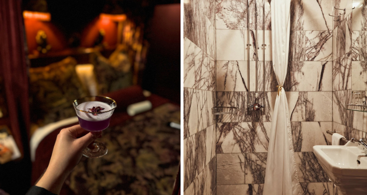 Billionaires girls club cocktail and a picture of House of Gods bathroom.