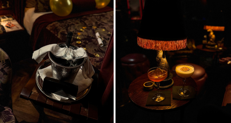 Prosecco in a room in a bucket, and two cocktails in House of God's lounge.