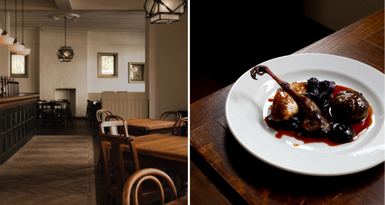 Kerfield Arms interiors and roast Yorkshire partridge, haggis, purple hispi and walnut ketchup.