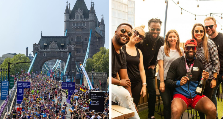 An aerial view of London Marathon in action and a London Marathon runner alongside friends with his free bottle of Champagne on London Bridge Rooftop.