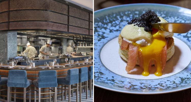 A split image of chefs cooking behind the counter at Pavyllon London and a close-up of its eggs benedict.