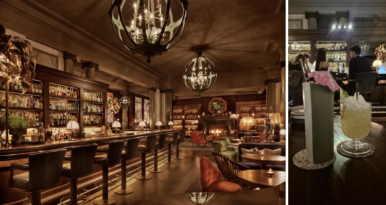 A collage of Scarfes Bar London's warm-toned lounge area next to an image of a duo of green-coloured cocktails.