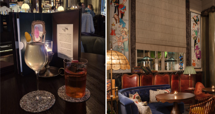 A collage of Scarfes Bar Holborn's cosy members bar space next to a shot of a curvaceous cocktail and a crimson coloured drink too.