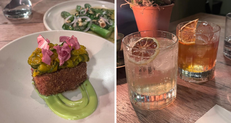 Crispy pigs head with pickles, and negroni cocktails.