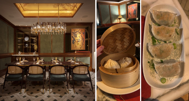 A collage of three pictures: the gold toned private dining area, next to bao buns and dumplings.