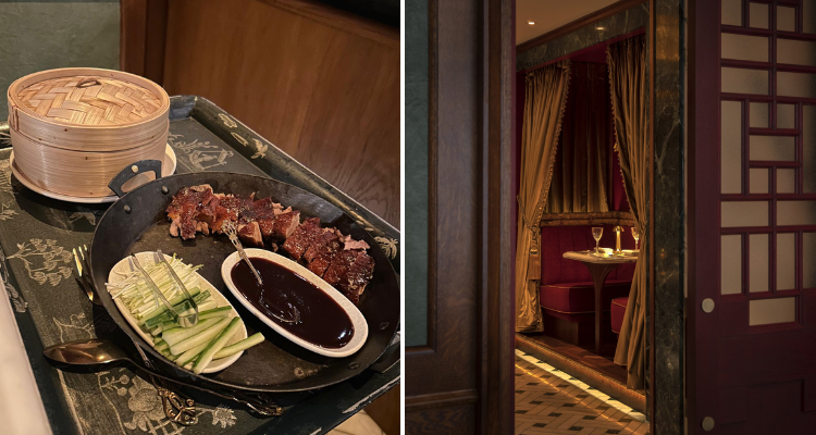 A collage of House of Ming's stylish burgandy interiors paired with a traditional but refined Peking Duck dish.