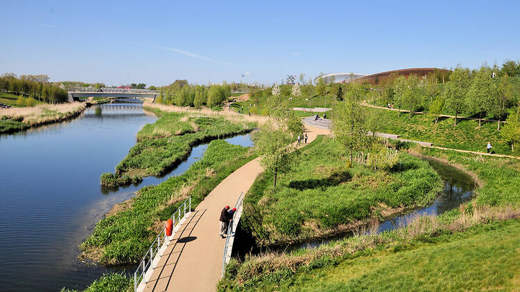 An aerial shot of a walking path with water on one side and greenery on the other.