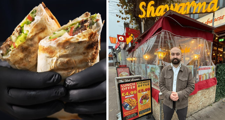 A close-up of a shawarma wrap next to an image of a restaurant owner standing in front of his shop.