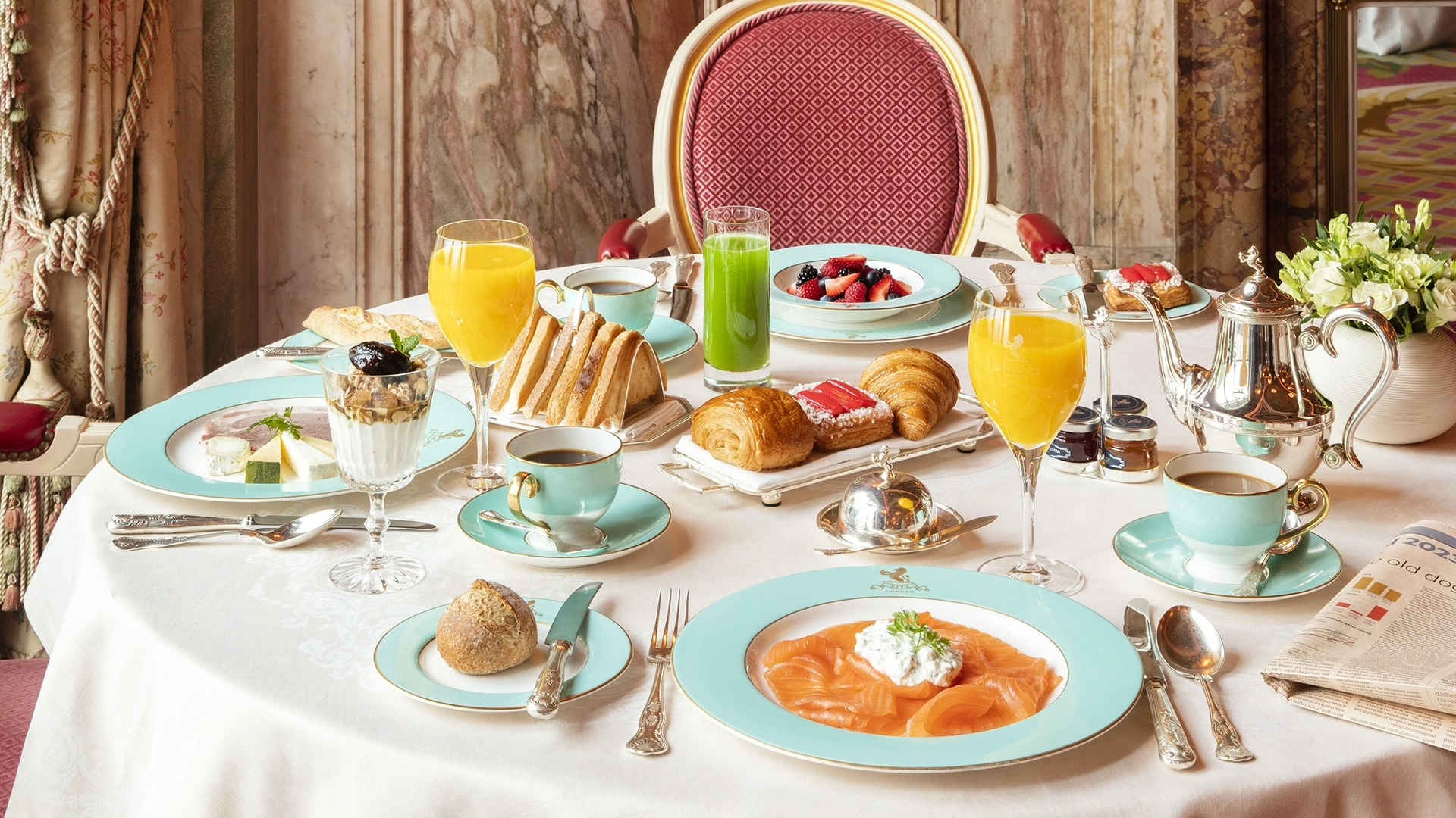 The Michelin star breakfast at The Ritz in Mayfair, including smoked salmon, avocado toast and juice.