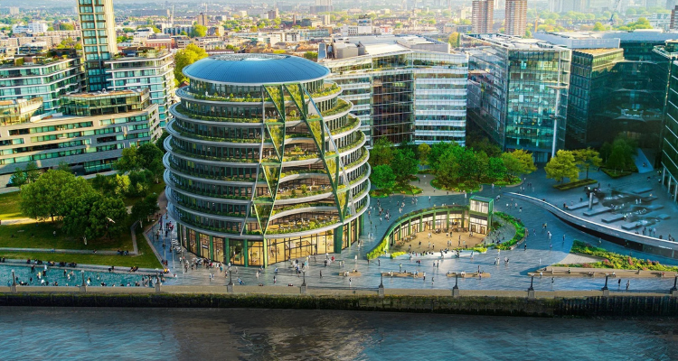 A bulbous building on the river with people walking and shopping nearby.