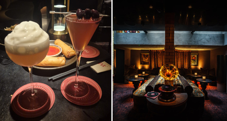 A collage of Archive And Myth London's plush velvet lounge area next to an image of a snow-topped cocktails.