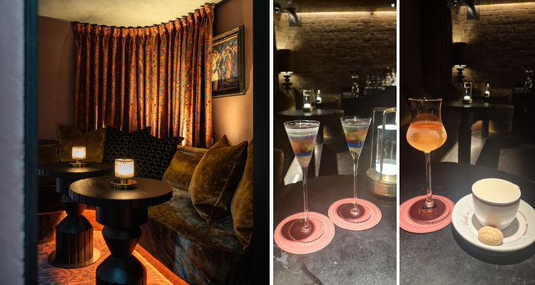 A collage of Archive And Myth London's cosy members bar space next to a shot of multicoloured cocktails in an ice-cold glass.