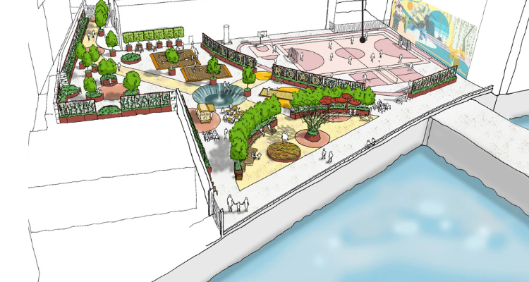 A mock-up of a new riverside park featuring play areas, art, and green space.