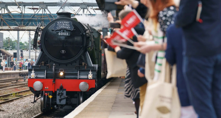 People cheering as a vintage train goes by.