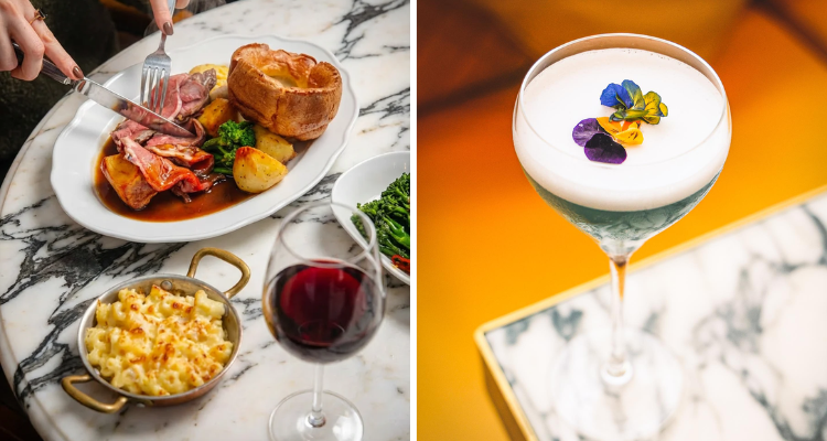 Collage of a Sunday roast and cocktail at Fumo Birmingham.