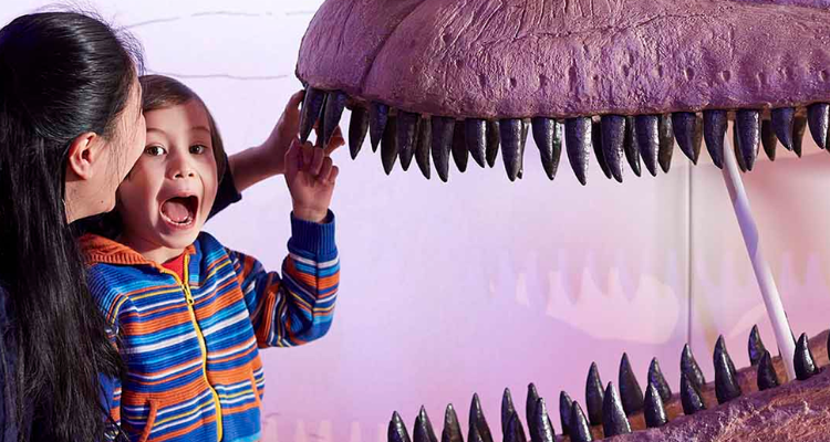 Mum and kid looking at dinosaur. 
