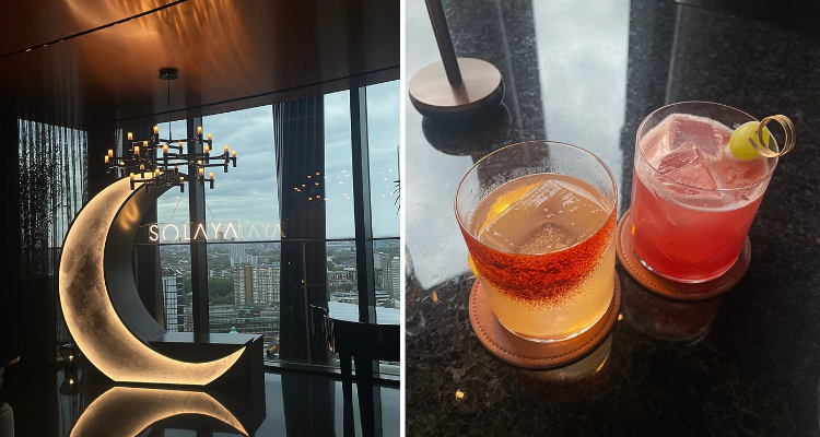 Our cocktails and the moon sculpture and piano at the entrance of Solaya.