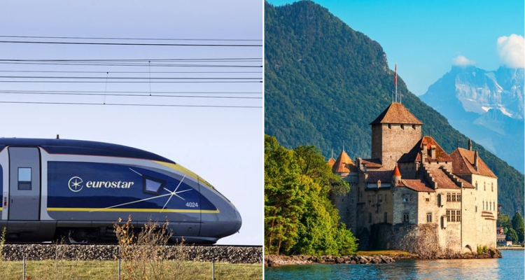 A split image of a castle framed by the Swiss Alps and a Eurostar train on the tracks.