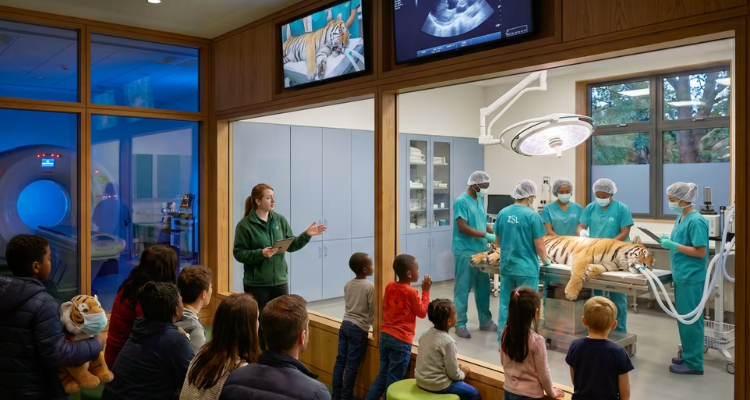 A rendering of a tiger in surgery while students watch behind glass.