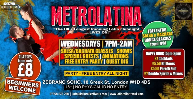 SALSA BACHATA EVERY WEDNESDAY - FREE SALSA CLASS & FREE ENTRY before 10pm