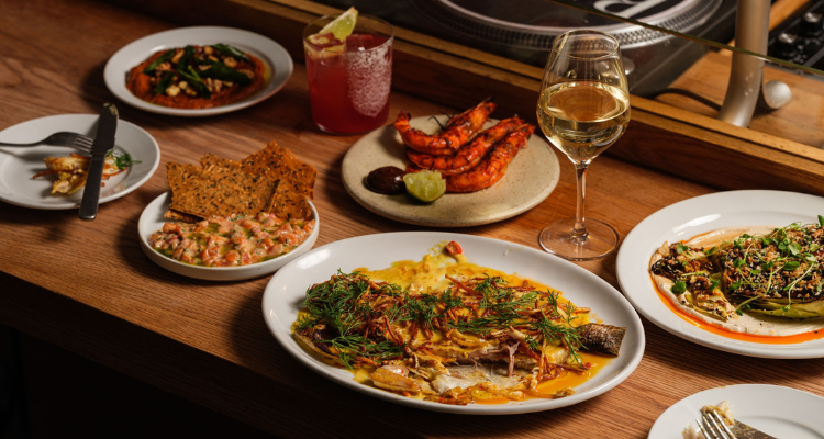 The food and a glass of wine at Bambi.