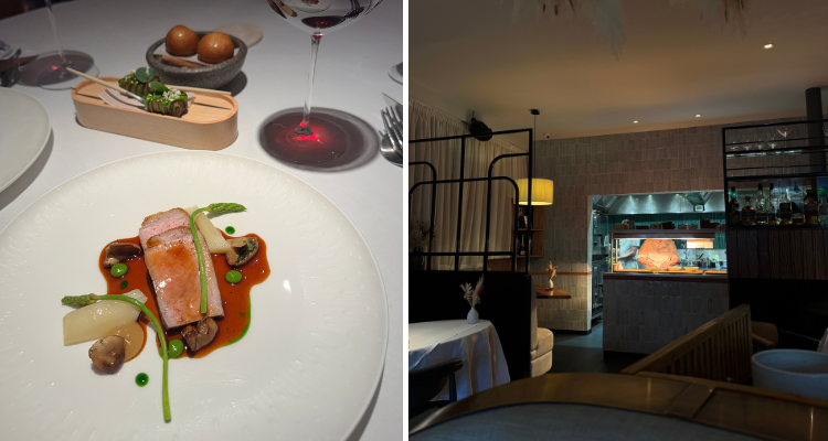 The pork dish from Cail Bruich in Glasgow and the open kitchen.