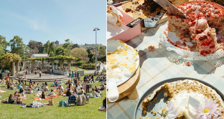 A split image of a large group of people gathered in a park and a close up of three cakes which have been cut into.