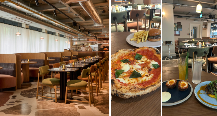 A collage showing the London hotel's sage and oxblood coloured interiors, next to images of a crisp cheesy pizza and a duo of translucent cocktails.