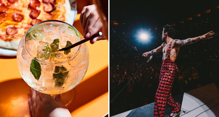 XL spritzes at Doughnation and Harry Styles performing on stage in London during his 2023 tour.