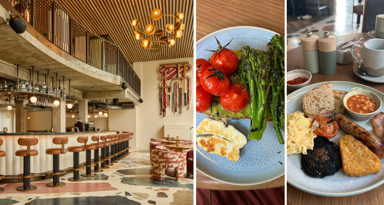 Flock's stunning bar area, fronting mosaic floors and dark wood stools, next to a picture of avocado toast and a giant English breakfast.