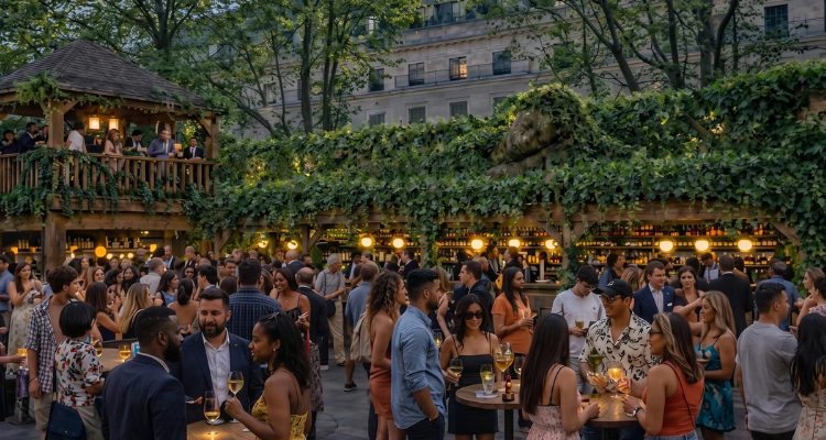 People gathering in a busy beer garden with lush greenery and lighting.