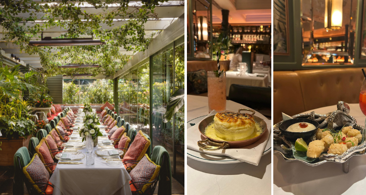 A collage of three pictures: the alfresco dining area, next to the cheese souffle and an octopus presenting dish.
