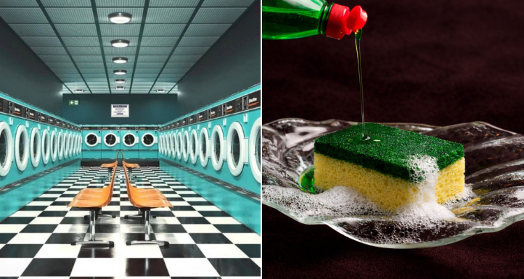 A split image featuring a retro laundrette and a washing sponge-inspired dessert being topped with washing liquid.