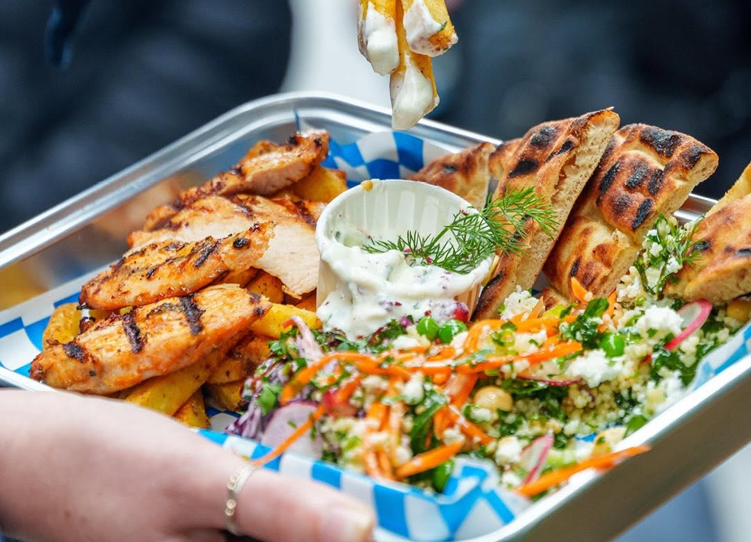 Platter of Mediterranean food from Camden Market.