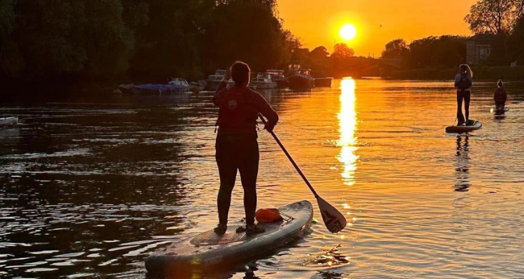 A person paddleboarding on the water in the sunset.