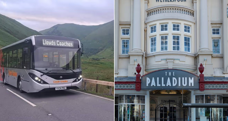 A split image of a coach bus driving through the mountains and the exterior of a Wetherspoons.