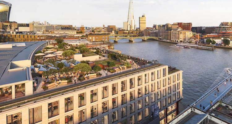 A view of a rooftop restaurant with beautiful trees next to London's river Thames.