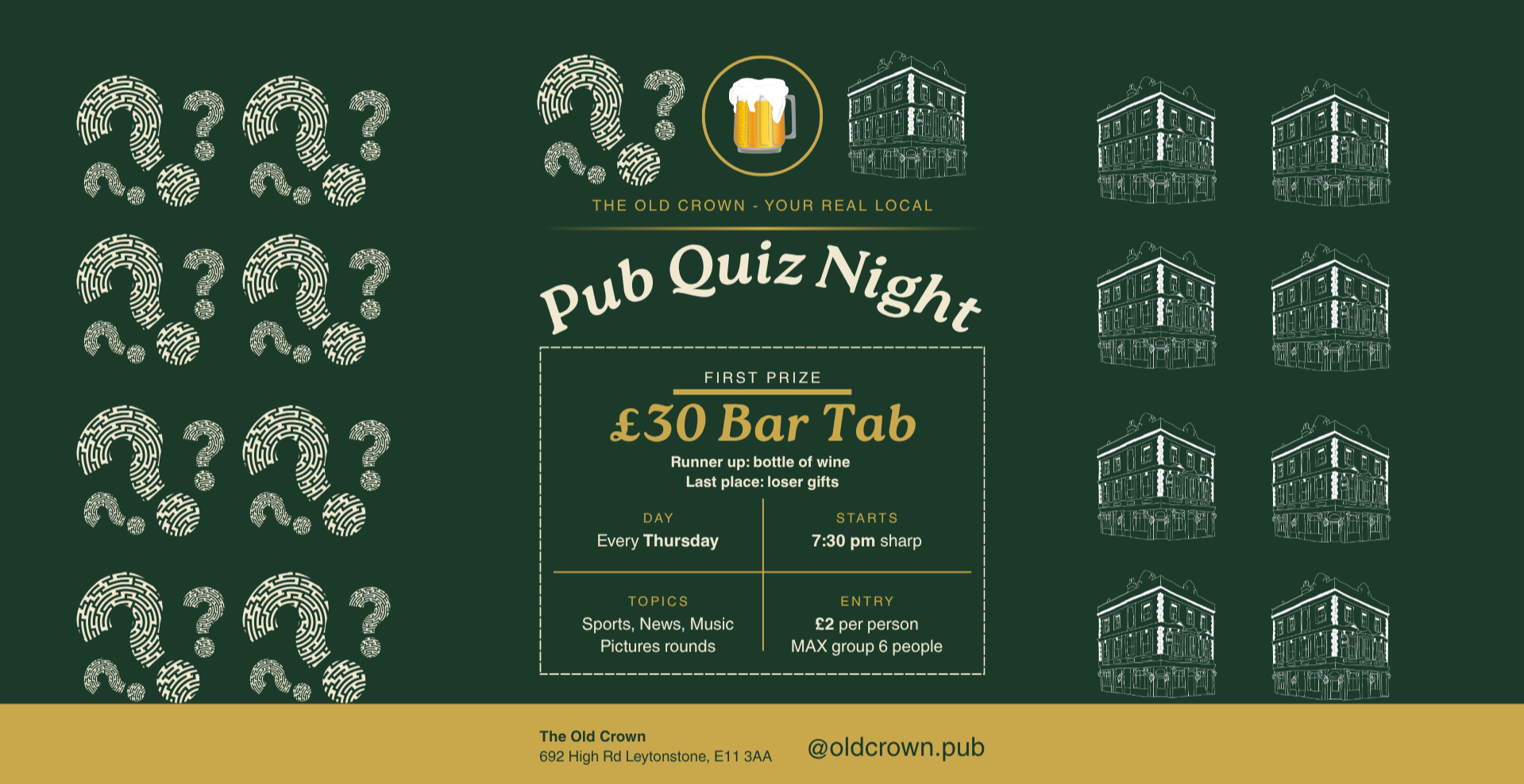 Pub Quiz with CASH Jackpot @ The Old Crown Leytonstone